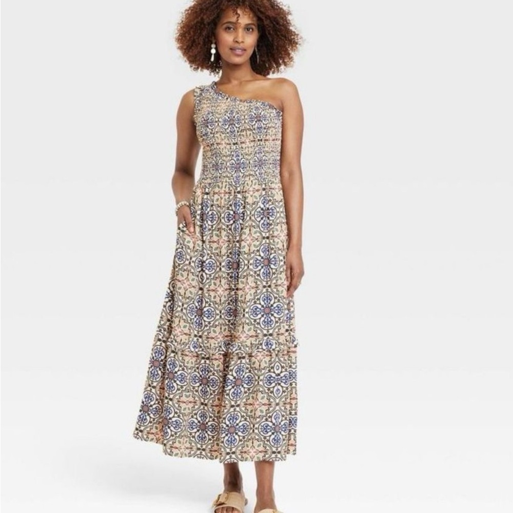 One-Shoulder Printed Maxi Dress in Beige and Blue